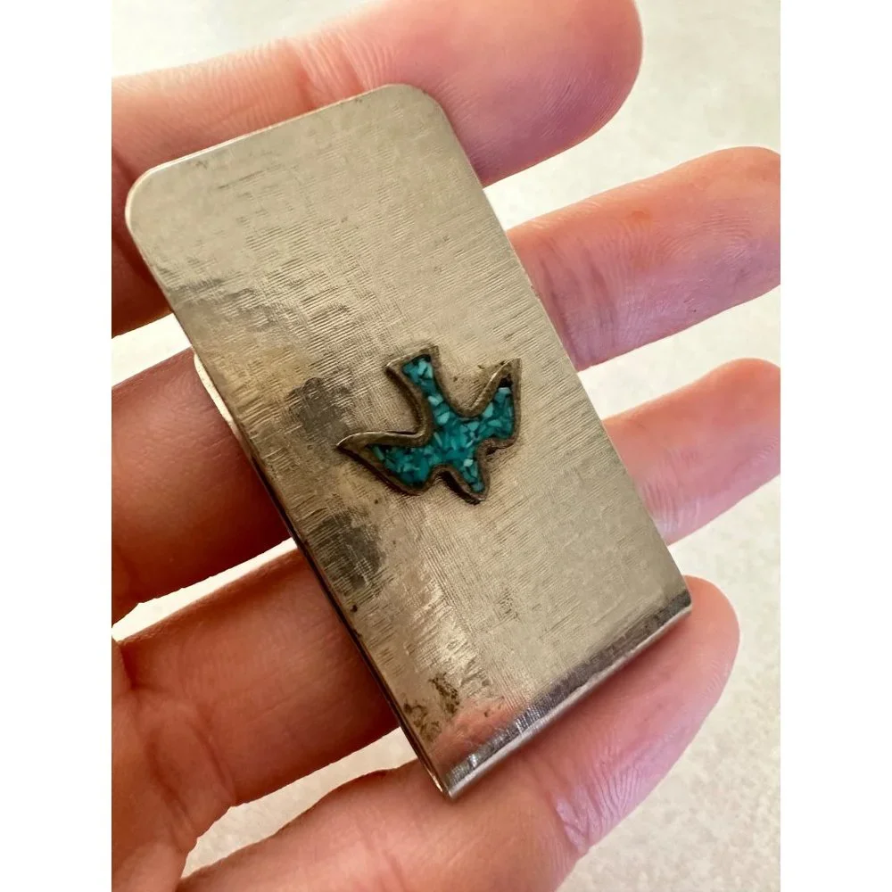Stainless steel sterling silver turquoise chip inlay Peyote bird money clip